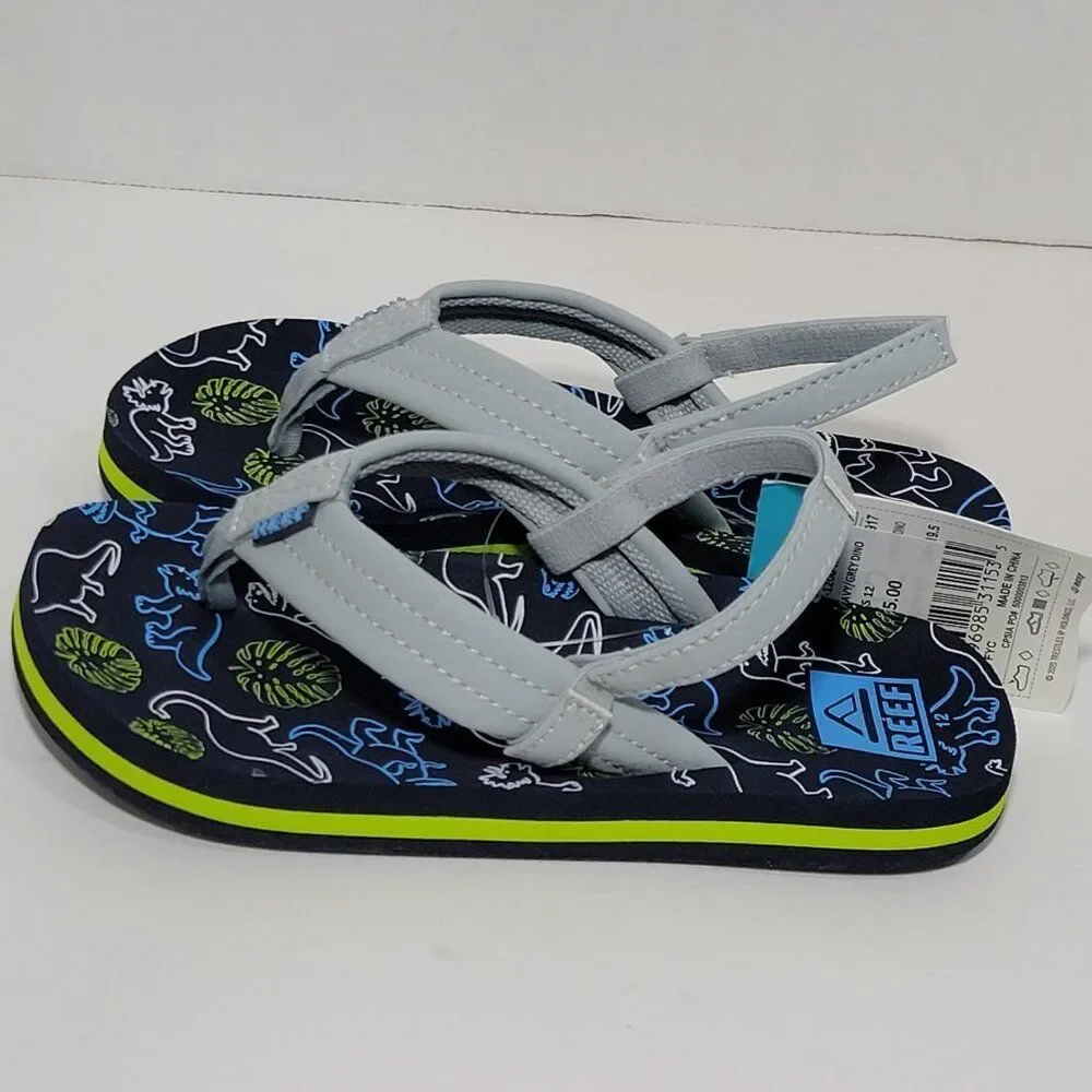 Reef Flip Flop Sandals Toddler Boy Size 12 Ahi Dino Dinosaur Gray Blue Backstrap